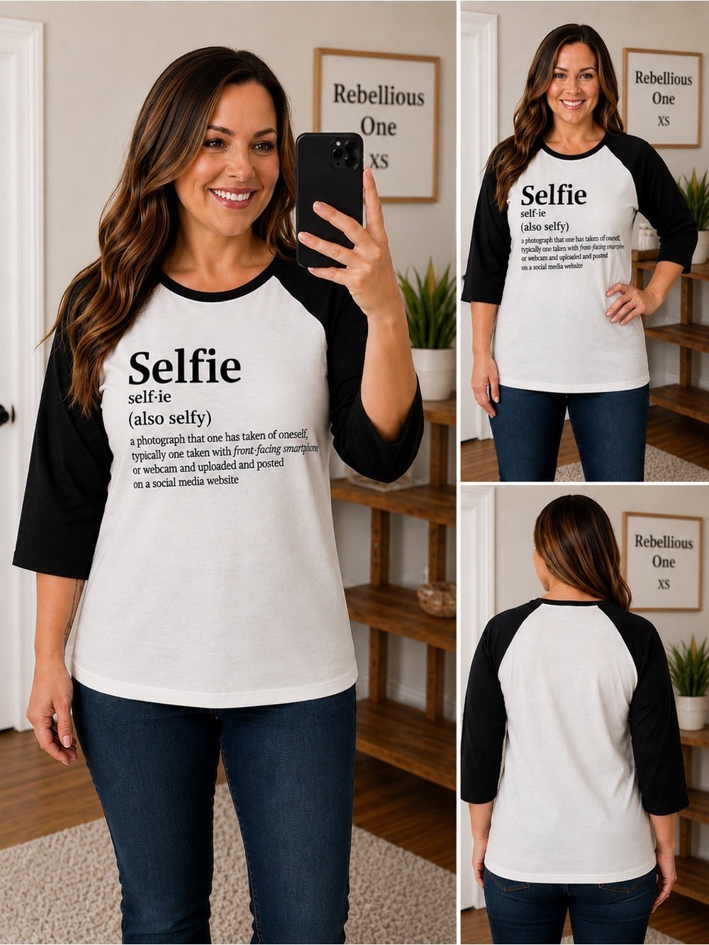 Rebellious One Selfie Graphic Raglan Tee XS Black White 3/4 / elbow Sleeve Top